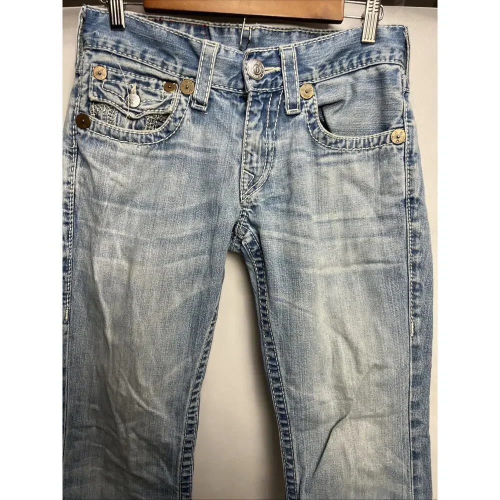 True Religion Billy Big T Flap Distressed Denim Embroidered Jeans ACTUAL 30x33